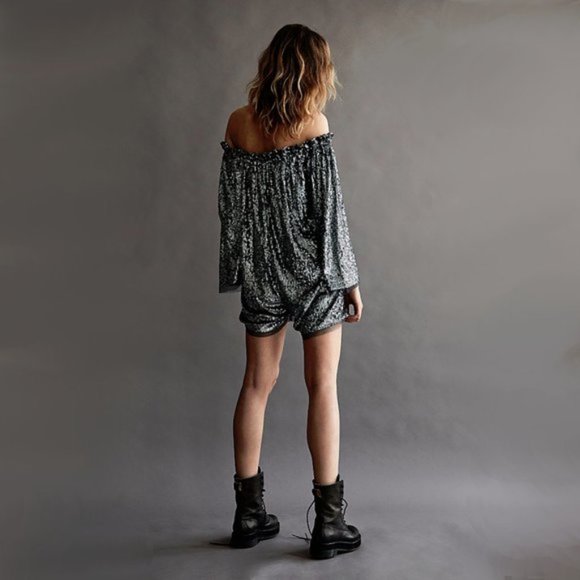 NWT Free People charcoal grey sequin & tulle romper - Picture 3 of 8